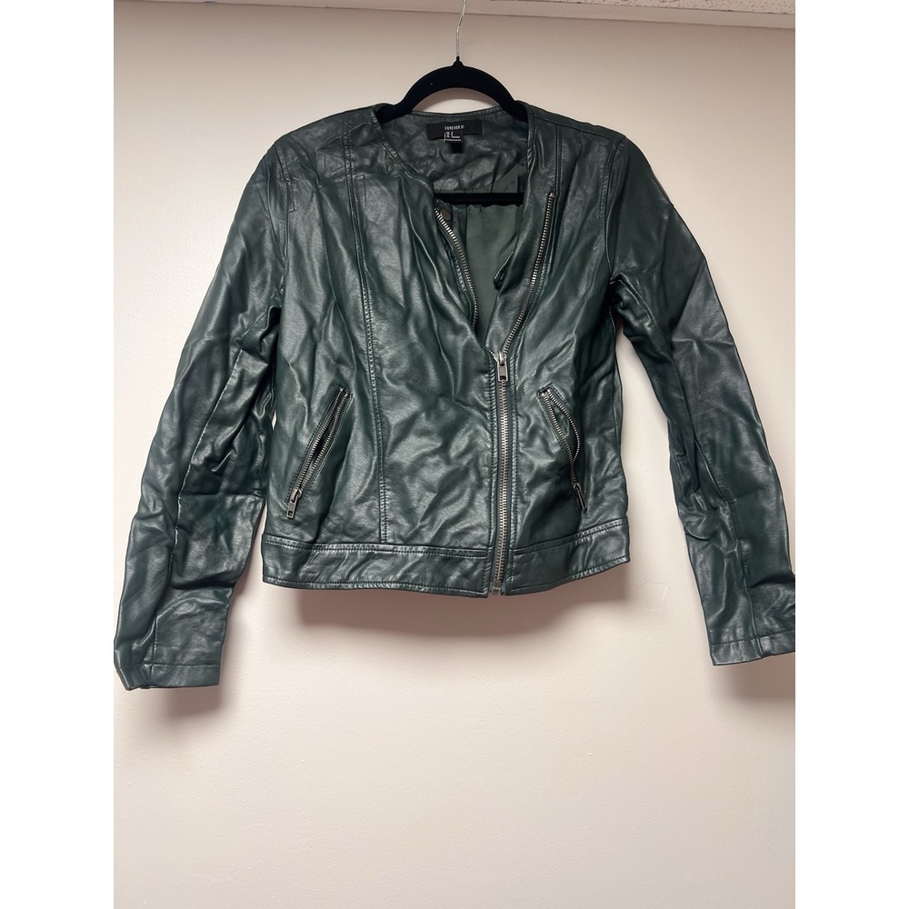 Forever 21 Womens Pleather Green Biker Jacket Size S Indie Sleaze